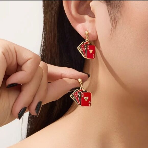 18k Gold Plated Stainless Steel Stack of Ace Cards Earrings - Picture 4 of 5